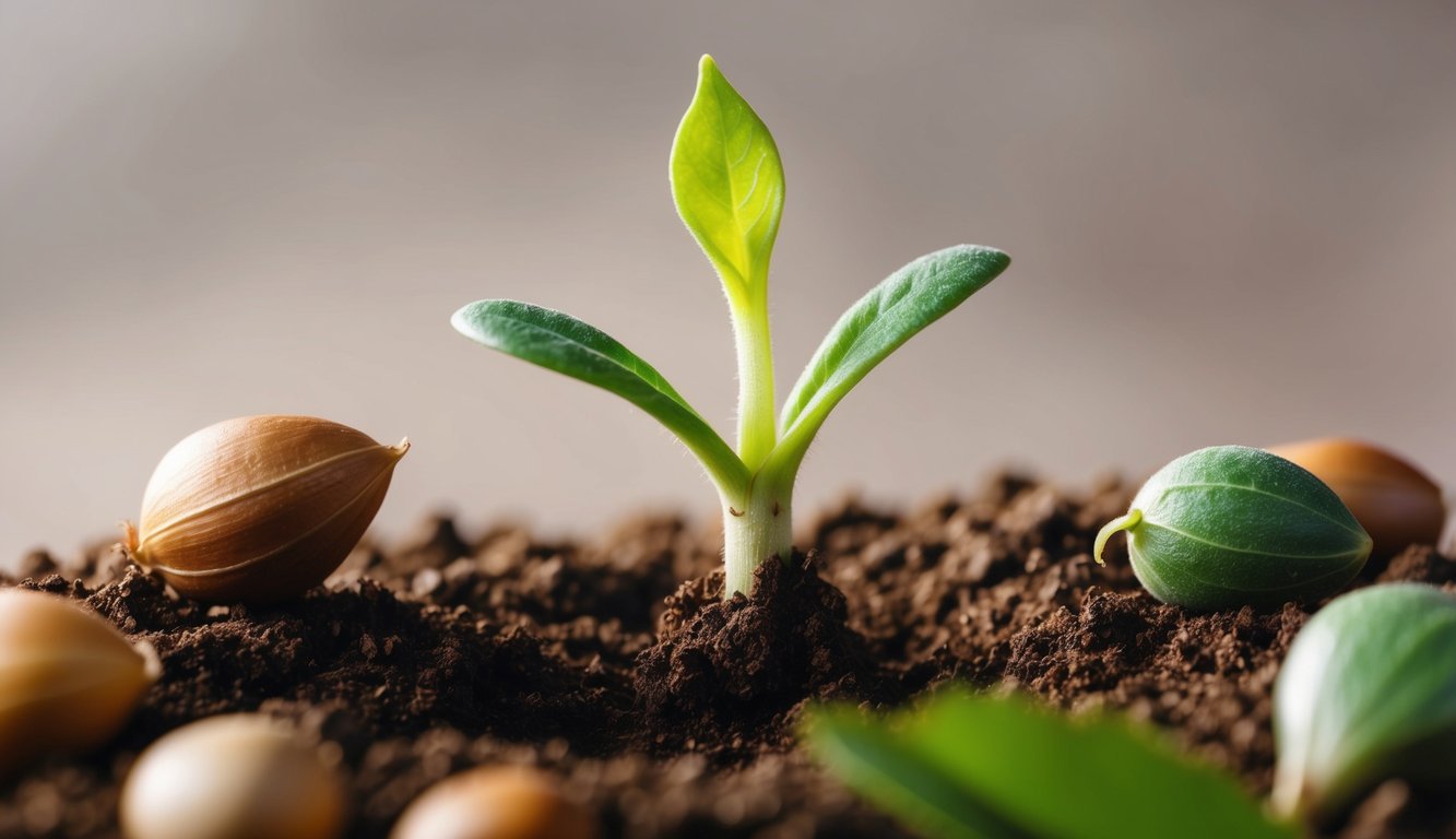 A small sprout breaking through the ground, surrounded by other seeds and plants, symbolizing growth and perseverance