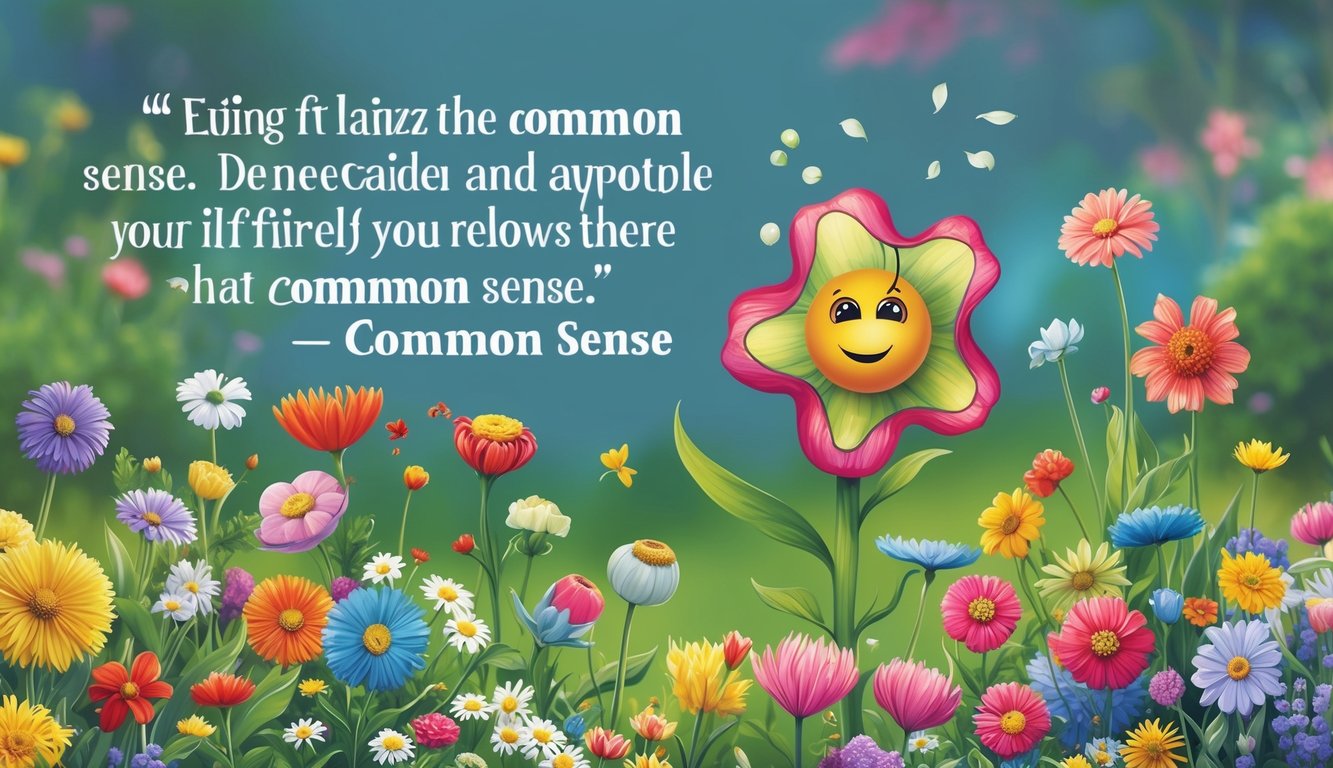 A colorful garden with various flowers, but one unique flower stands out with a whimsical and playful appearance, symbolizing the quote about common sense