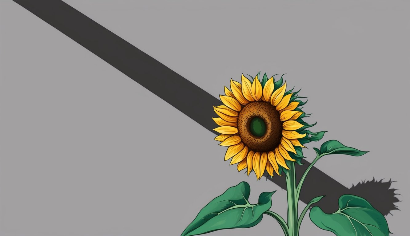 A single sunflower reaching towards the sun, casting a long shadow behind it