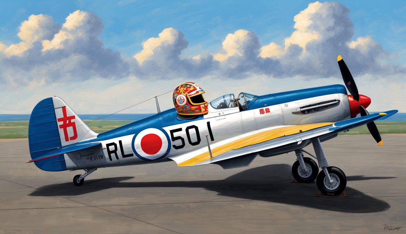 A vintage Japanese fighter plane with a colorful, decorated helmet placed on the pilot's seat