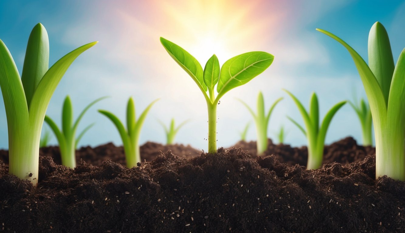 A sprouting seedling pushing through the soil towards the sunlight, surrounded by other plants reaching upward