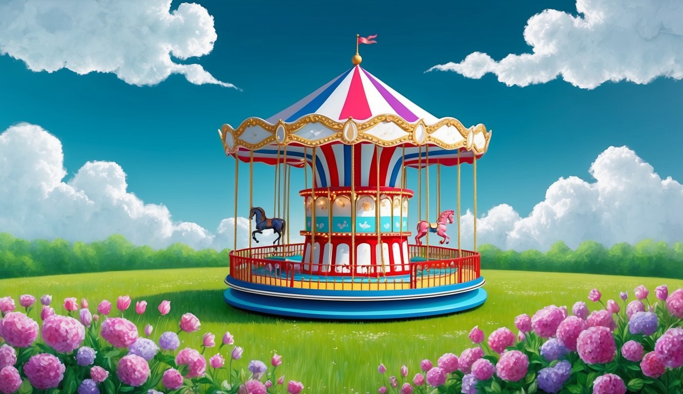 A colorful carousel spinning in a field of blooming flowers