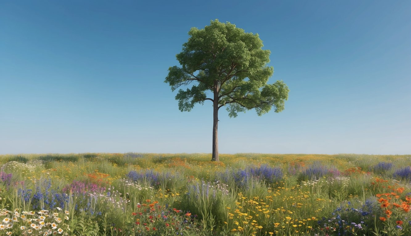 A lone tree standing tall in a field, surrounded by colorful wildflowers, under a clear blue sky