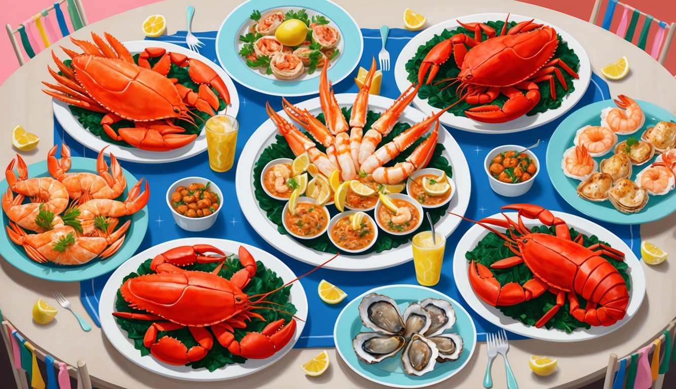 A table filled with a variety of seafood dishes, including crab legs, shrimp, oysters, and lobster, surrounded by playful and whimsical decor