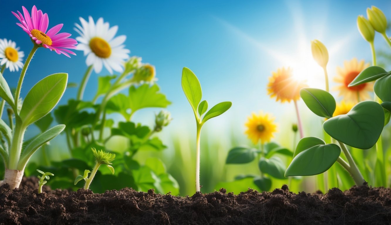 A sprouting seedling reaching towards the sunlight, surrounded by other plants and flowers in various stages of growth