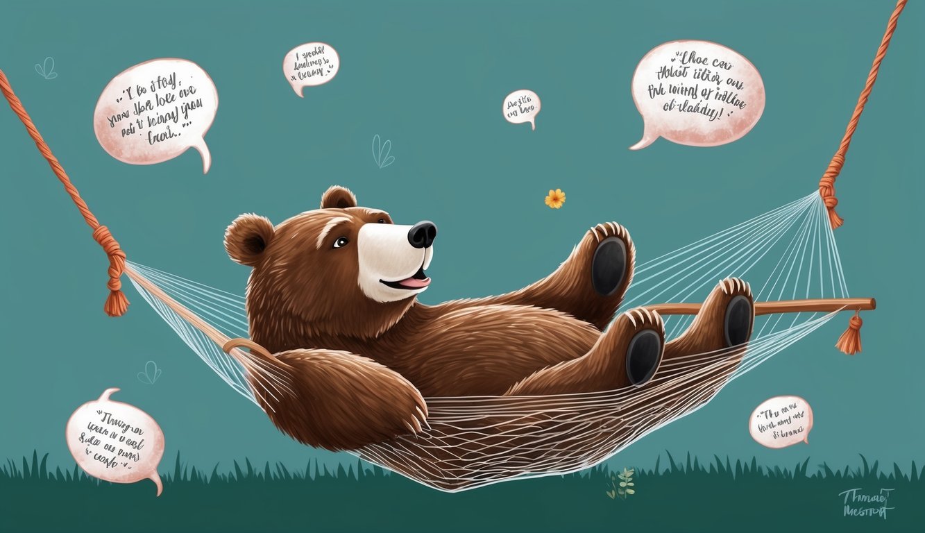 A whimsical scene of a bear lounging in a hammock, surrounded by playful quotes floating in the air