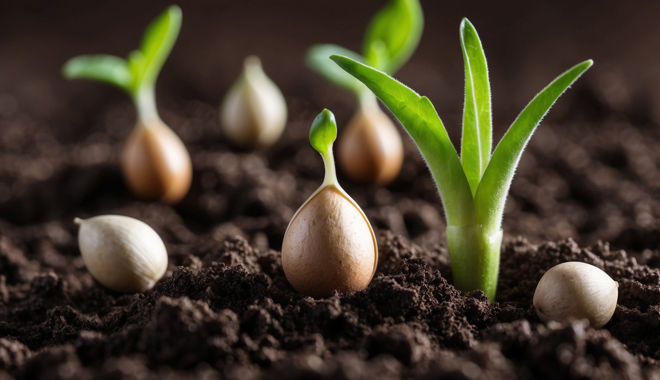 A sprouting seed breaking through the soil, surrounded by other seeds in various stages of growth