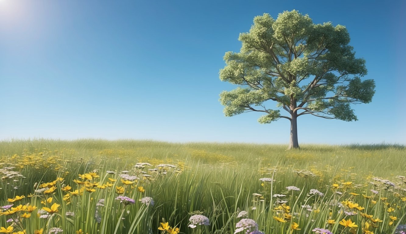 A lone tree standing tall in a field of wildflowers, with a clear blue sky overhead and a gentle breeze blowing through the grass