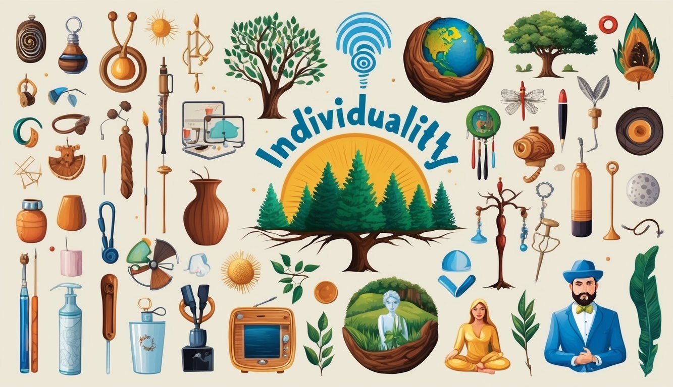 A diverse collection of objects, symbols, and nature scenes representing individuality and self-expression