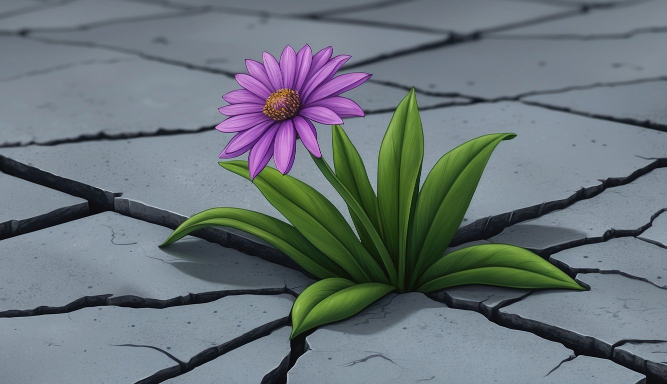 A blooming flower pushing through cracks in concrete