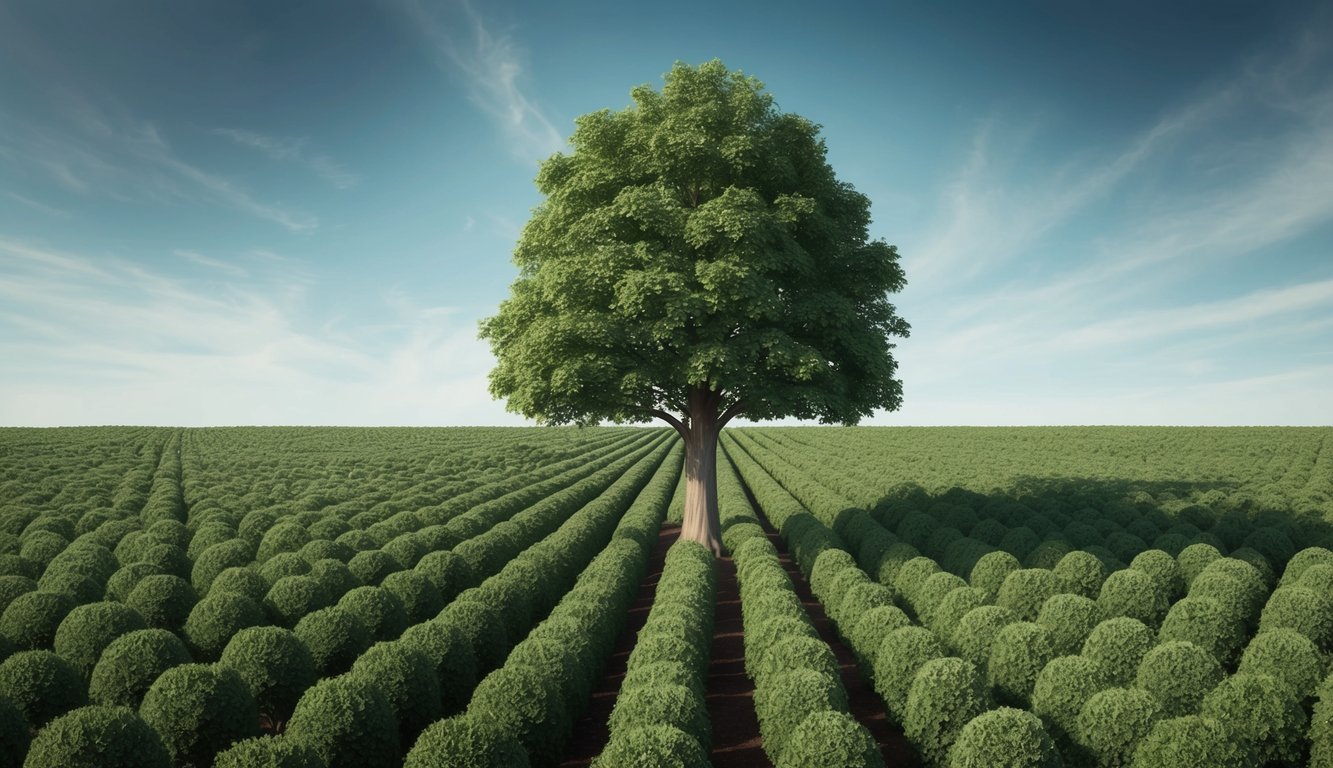 A lone tree standing tall amidst a field of conformity, symbolizing individuality and resilience