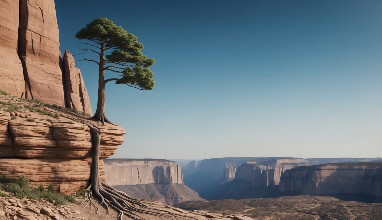 A lone tree stands tall on a rocky cliff, its roots digging deep into the earth.</p><p>The surrounding landscape is barren, but the tree remains steadfast, symbolizing the discipline needed to endure hardship