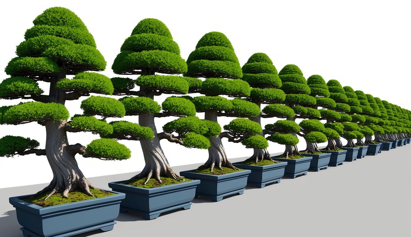 A row of neatly aligned bonsai trees, each meticulously pruned and shaped, symbolizing discipline and self-control