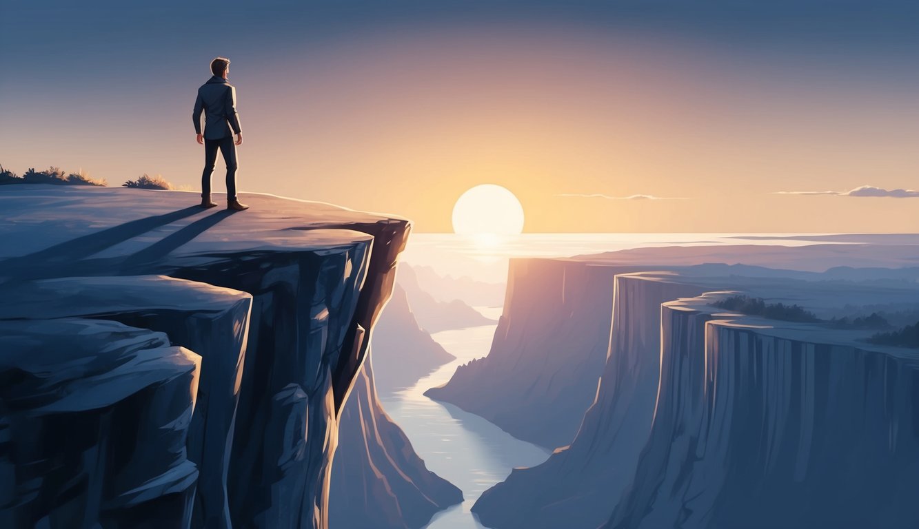 A lone figure standing at the edge of a cliff, staring fearlessly into the vast expanse below.</p><p>The sun sets in the distance, casting a warm glow over the scene