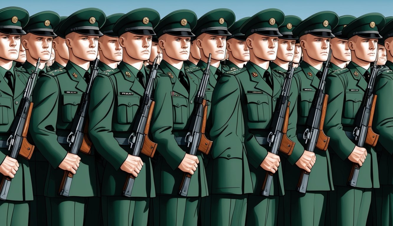 Soldiers standing in formation, their faces stern and focused.</p><p>Each one holding their weapon with precision and standing at attention