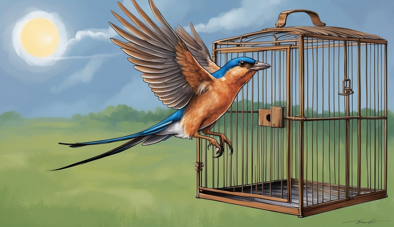 A bird flying out of an open cage, symbolizing freedom and existentialism