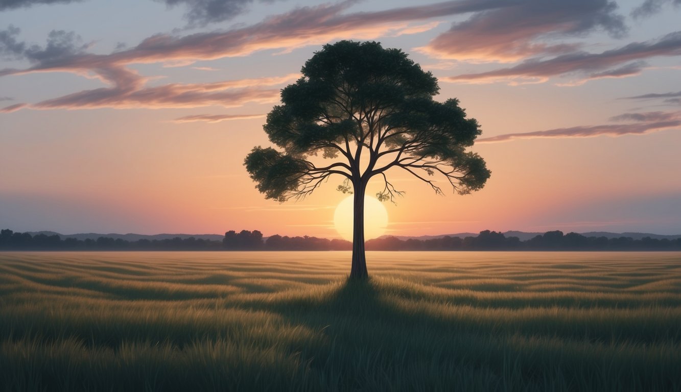 A lone tree stands tall in a vast open field, its branches reaching towards the sky as the sun sets in the distance