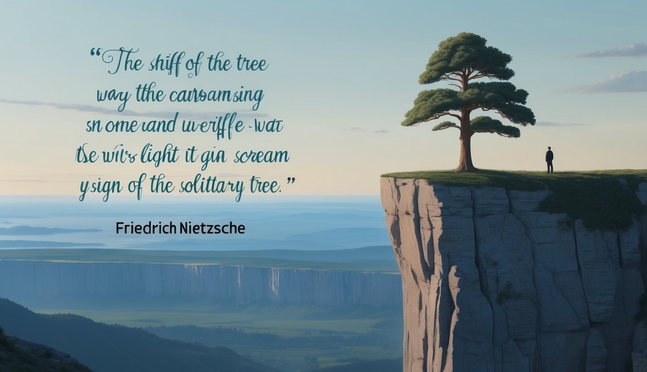 A solitary tree standing tall on a cliff overlooking a vast and serene landscape, with the quote by Friedrich Nietzsche written in elegant calligraphy