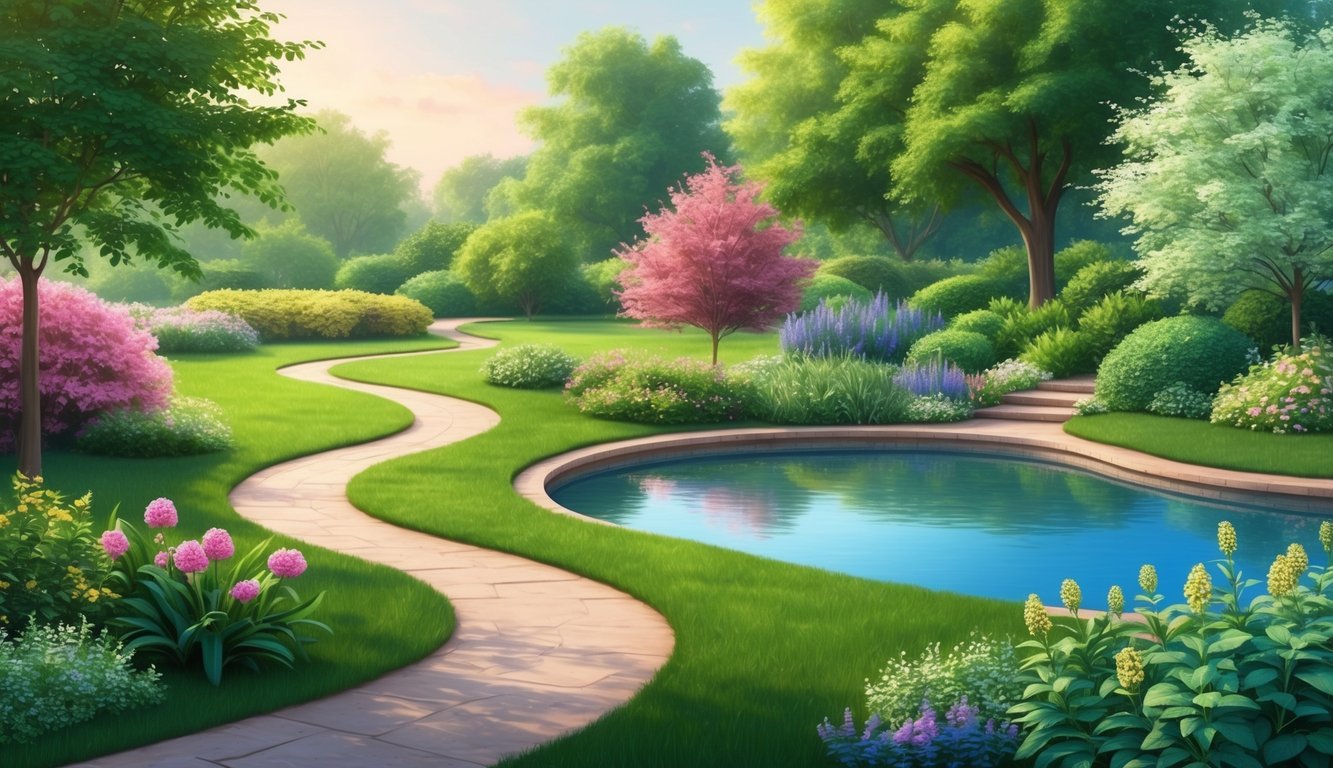 A serene garden with a winding path leading to a tranquil pond surrounded by lush greenery and blooming flowers