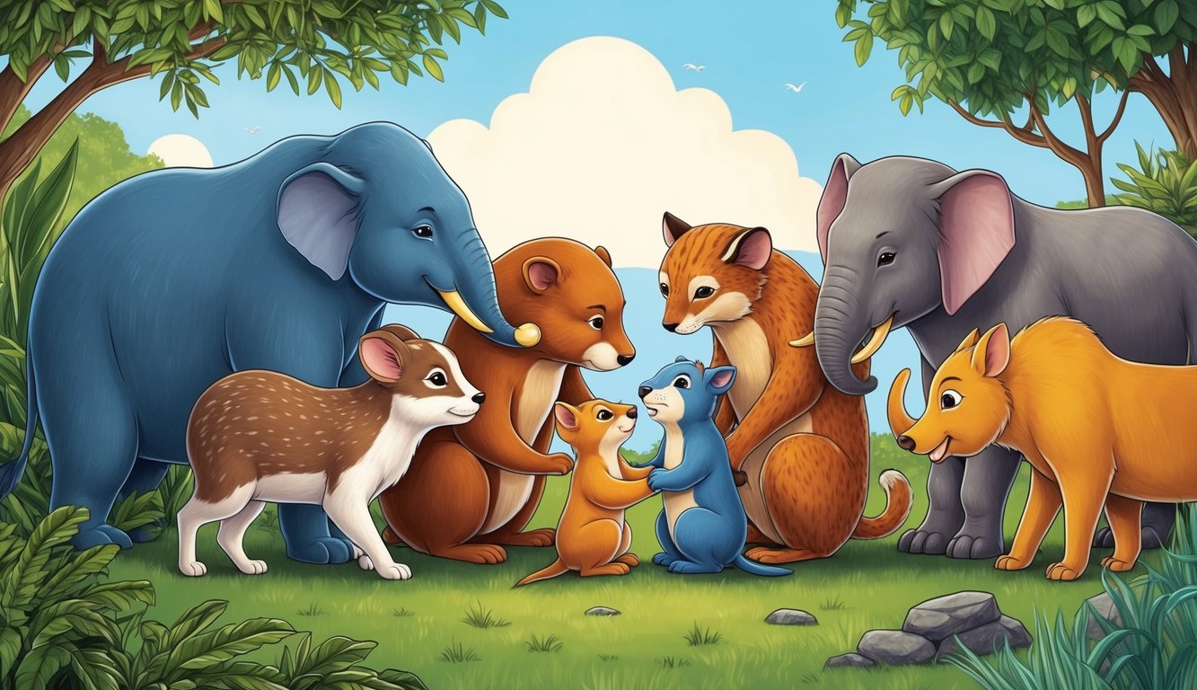 A group of diverse animals working together to help one another, showing compassion and teamwork in a natural setting