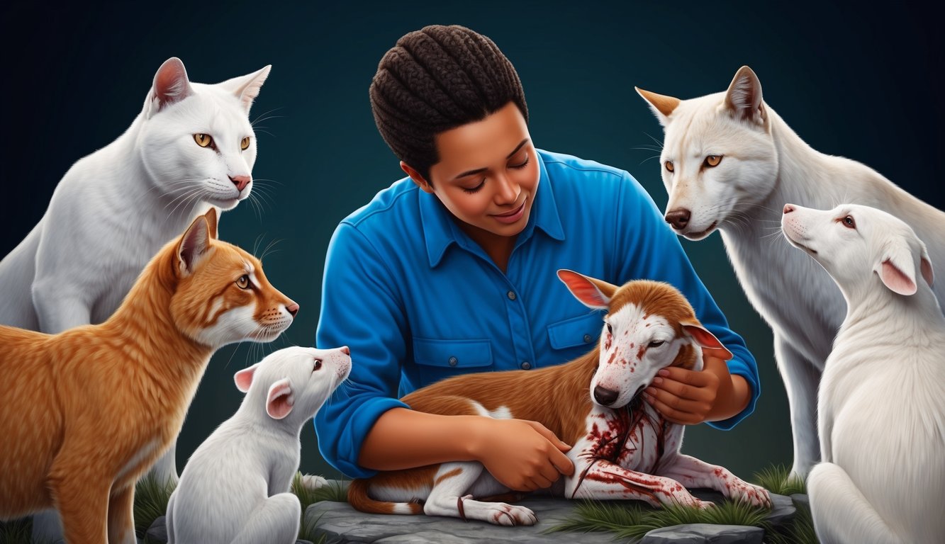 A person comforting a wounded animal, surrounded by other animals looking on with empathy