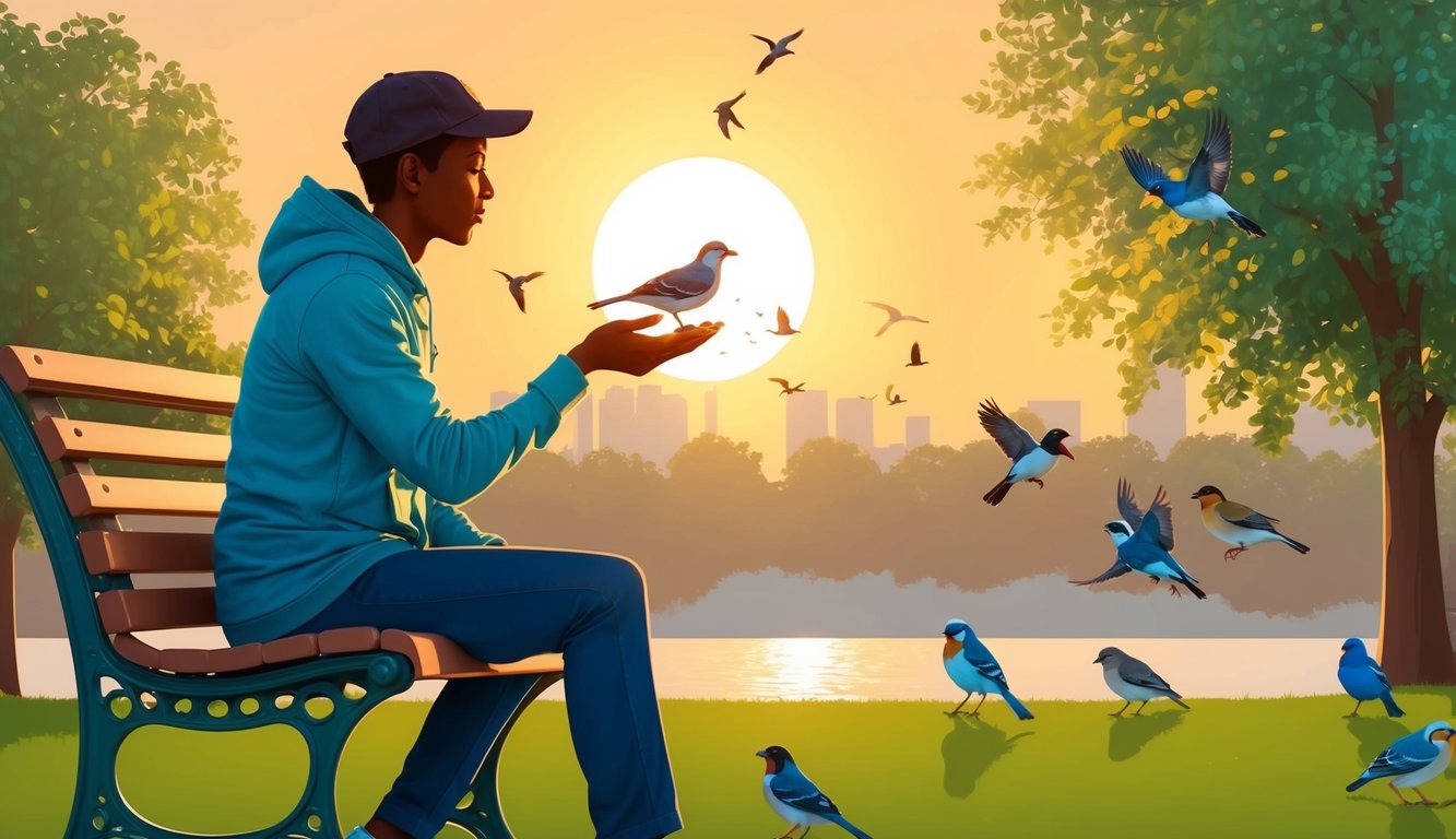 A person sitting on a park bench, feeding birds from their hand.</p><p>The sun is setting, casting a warm glow over the scene