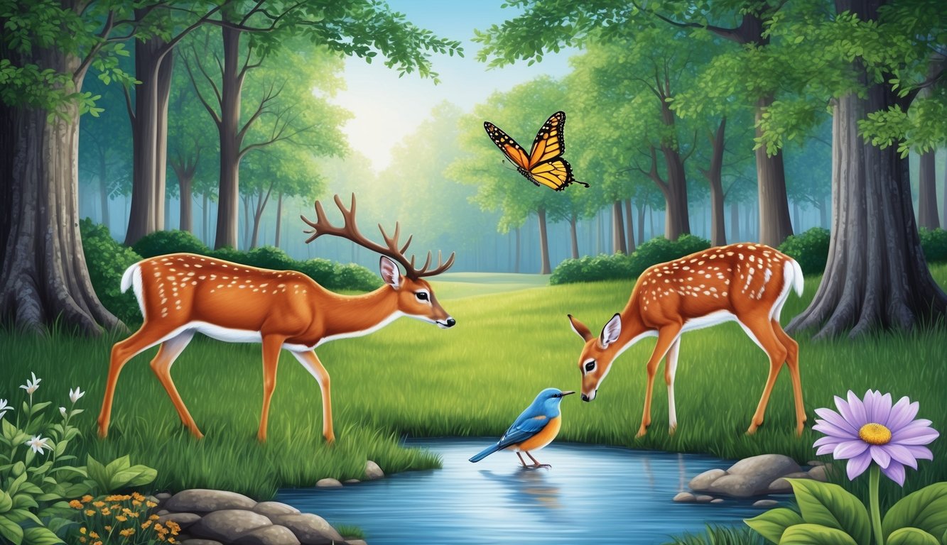 A serene forest clearing with a gentle stream, where a deer nuzzles a wounded bird, while a butterfly lands on a blooming flower