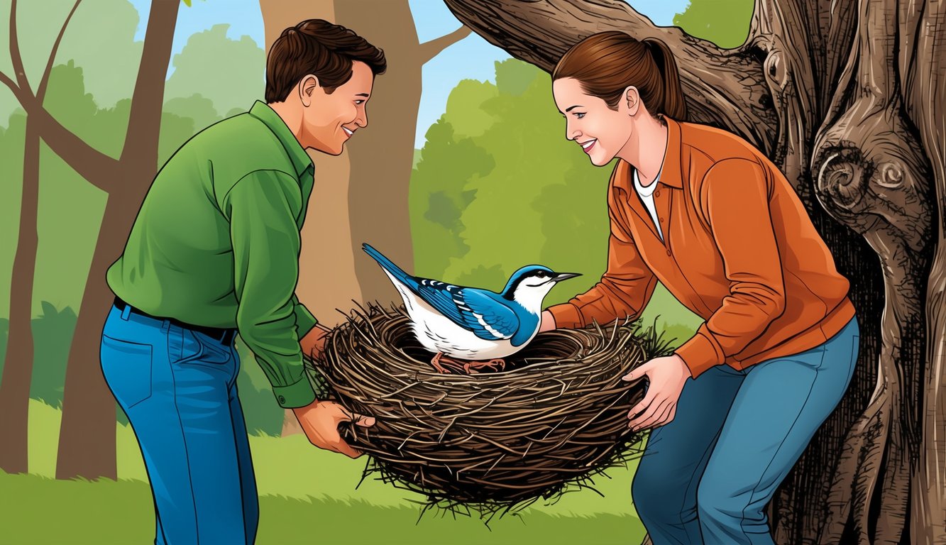 A person helping a bird build a nest in a tree