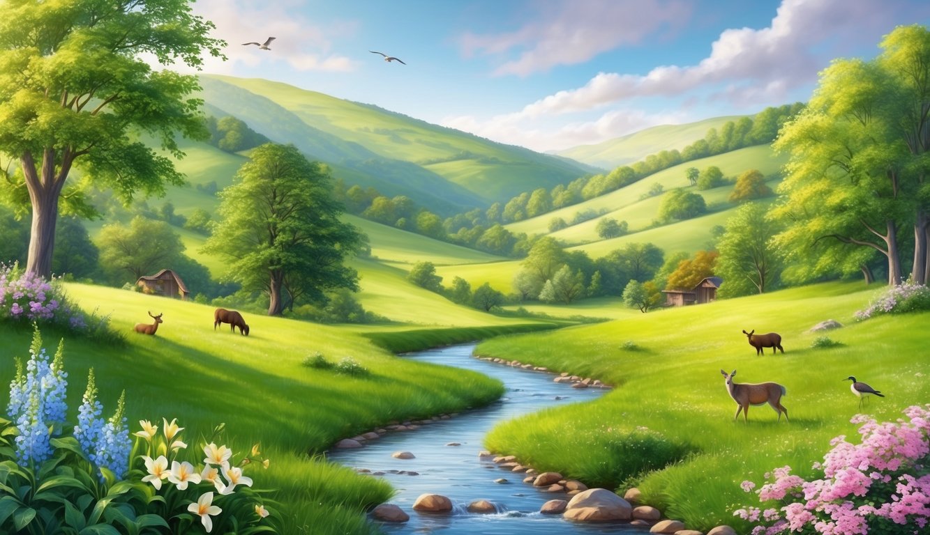 A serene, idyllic landscape with a gentle stream flowing through a lush, green valley, surrounded by blooming flowers and peaceful wildlife