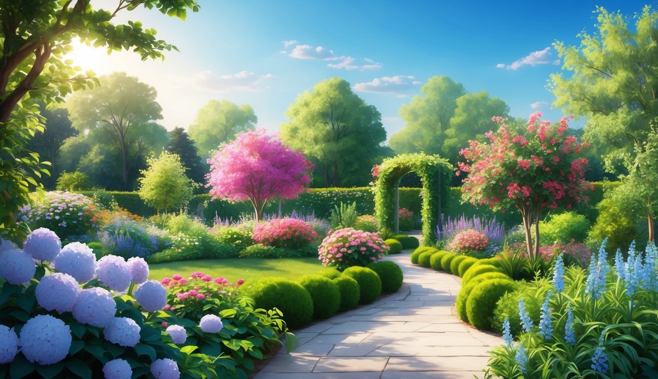 A serene and vibrant garden with blooming flowers and lush greenery, surrounded by gentle sunlight and a clear blue sky