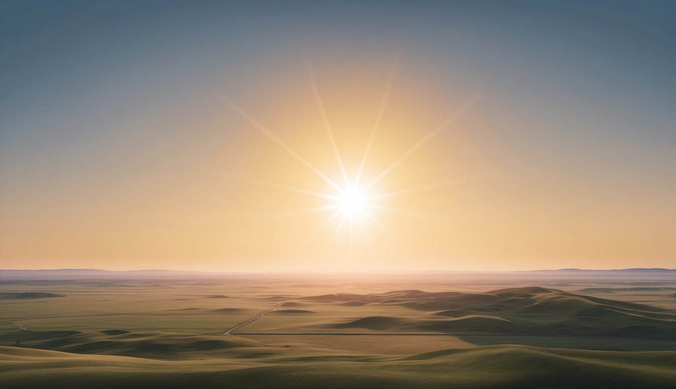 A radiant sun rising over a vast, open landscape, with a clear, boundless sky stretching out in all directions