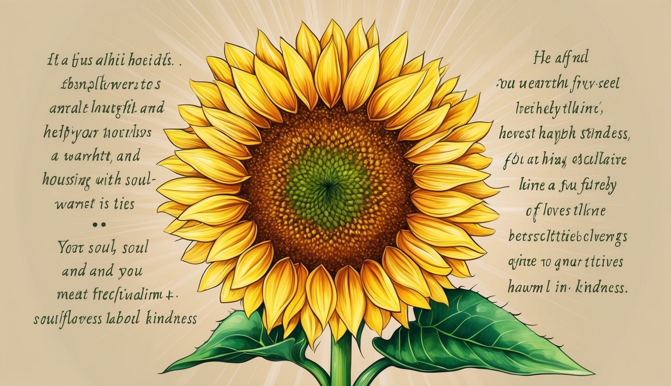 A sunflower blooming, radiating warmth and kindness, surrounded by a collection of soul-nourishing quotes