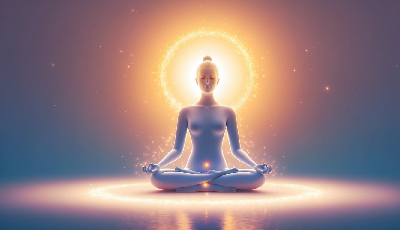 A serene figure surrounded by glowing light, radiating a sense of inner peace and contentment