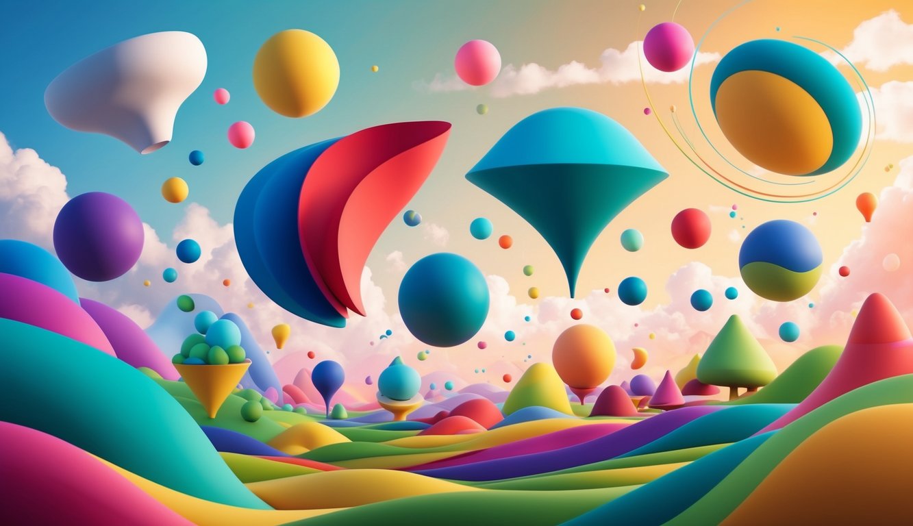 A group of diverse abstract shapes floating in a colorful, whimsical landscape, emitting waves of joyous energy