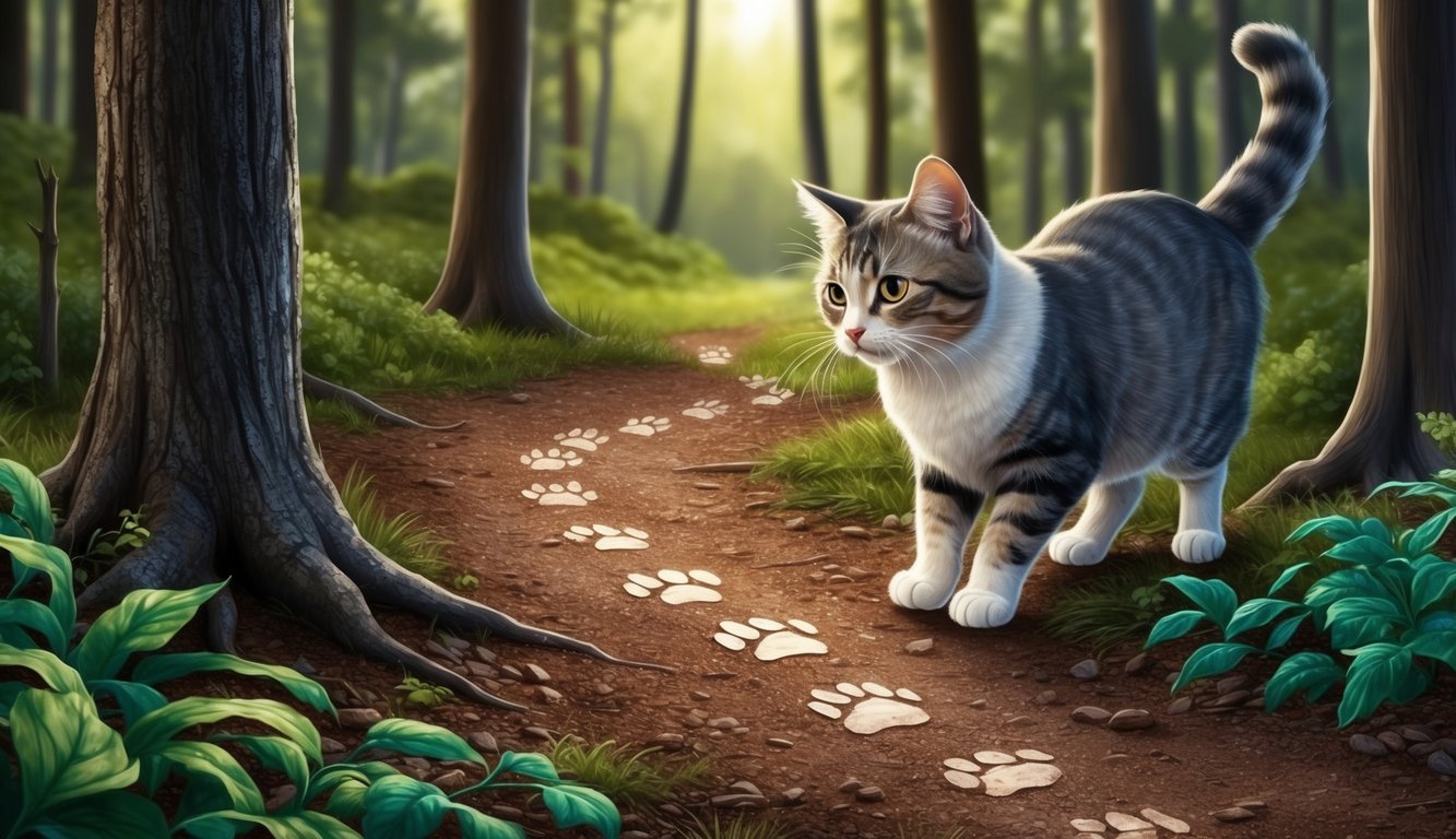 A curious cat investigating a trail of paw prints in a forest