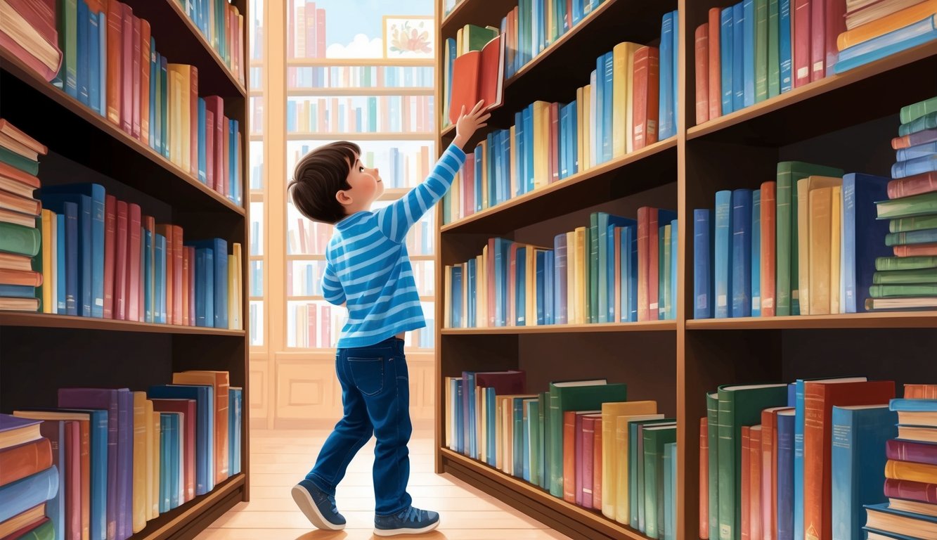 A child exploring a library, reaching for a book on a high shelf, surrounded by towering stacks of books and colorful illustrations