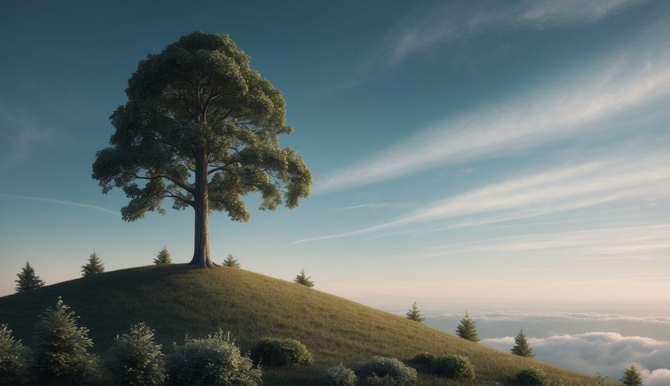 A lone tree standing tall on a hill, surrounded by smaller, more humble plants, under a vast sky