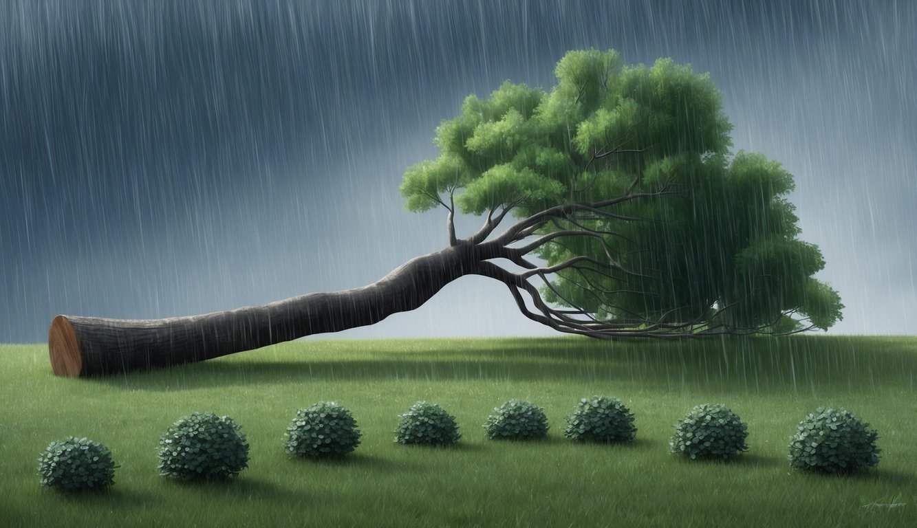 A lone tree bending low under the weight of heavy rain, surrounded by smaller plants bowing in respect