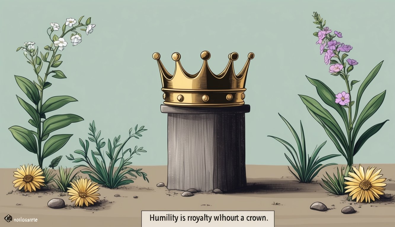 A lone crown sits on a simple wooden pedestal, surrounded by blooming flowers and humble plants, symbolizing the concept of "humility is royalty without a crown."