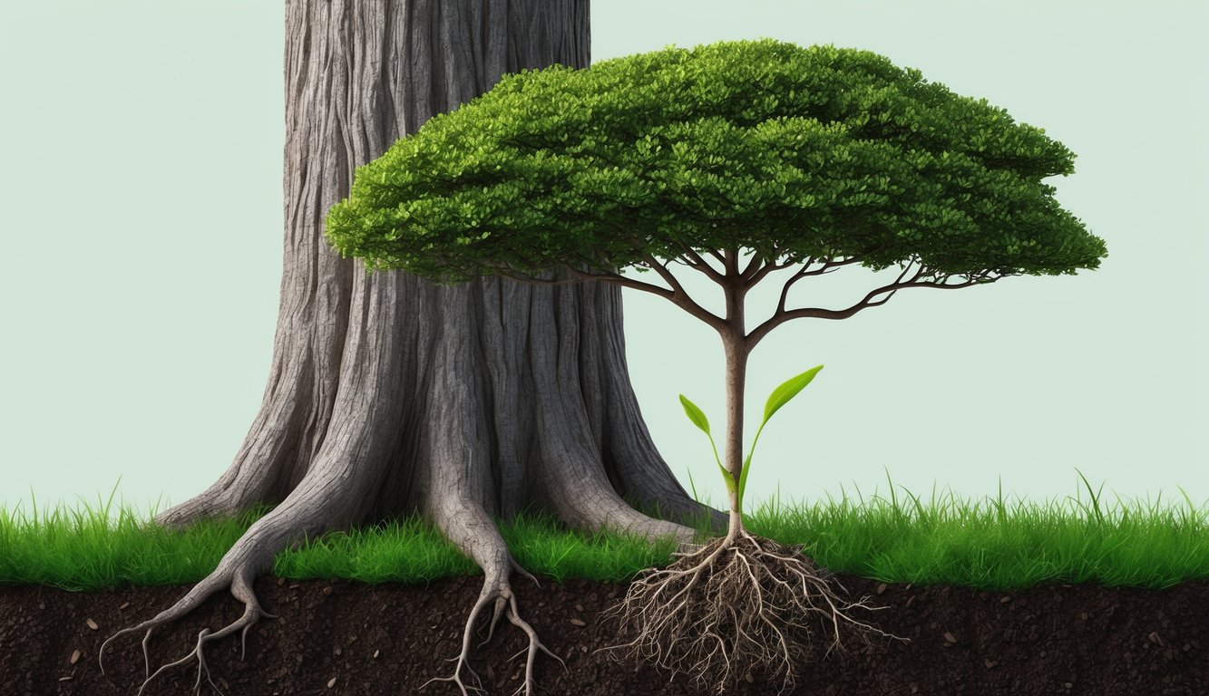 A small seedling growing beneath a towering tree, symbolizing humility and groundedness