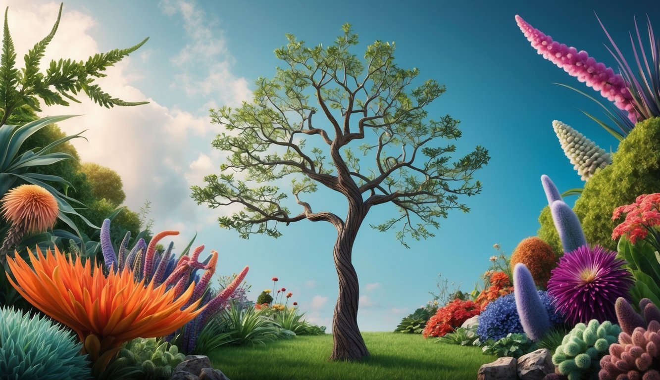 A young tree with twisting branches reaching towards the sky, surrounded by a variety of colorful and unique plants and flowers