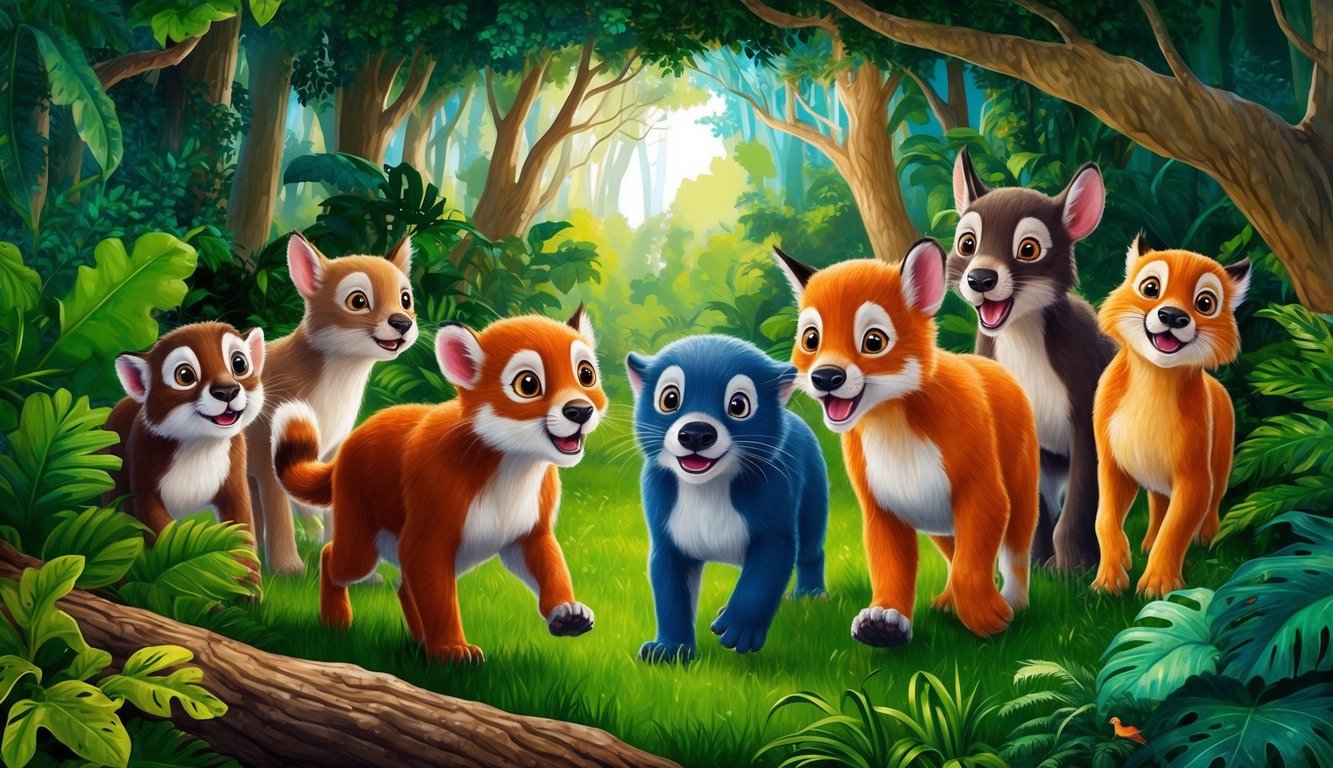 A group of young animals eagerly exploring a lush and vibrant forest, their eyes wide with curiosity as they investigate every new sight and sound