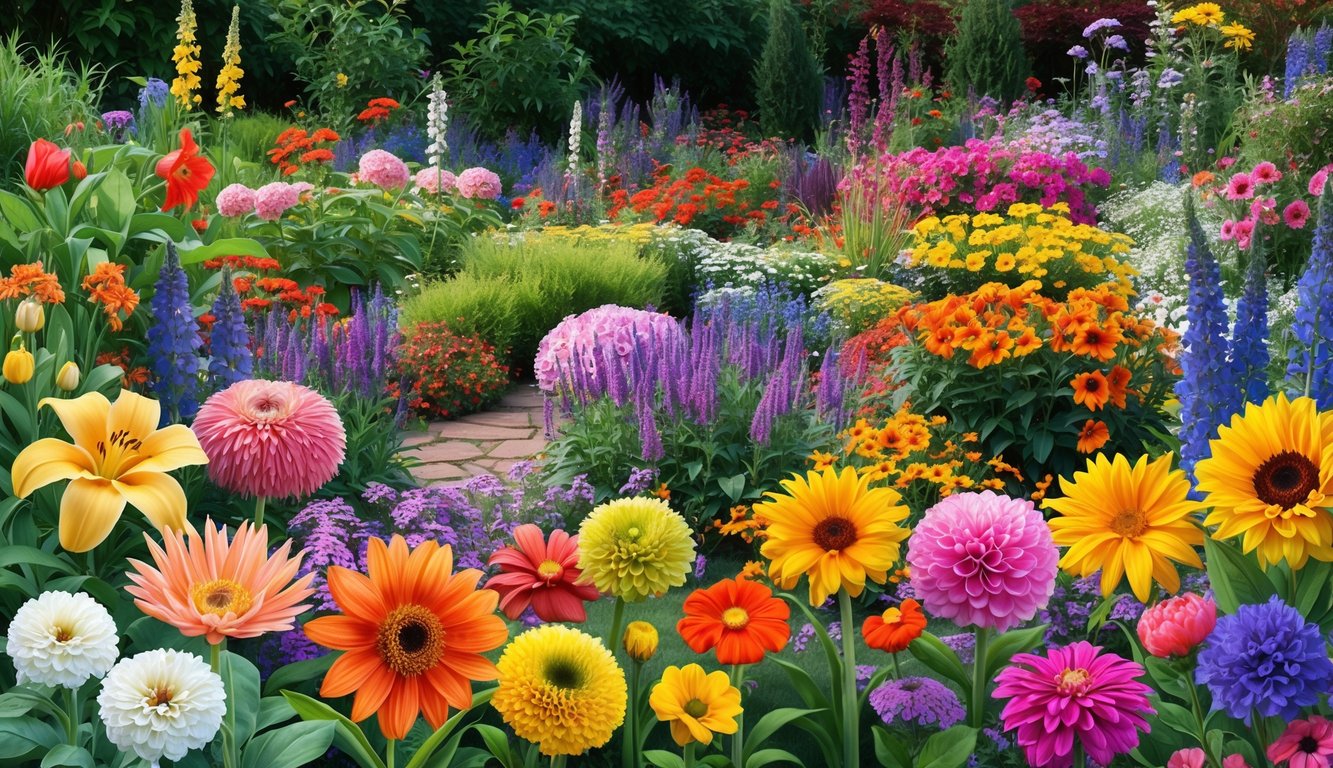 A vibrant garden with flowers of all shapes, sizes, and colors, showcasing the beauty of diversity