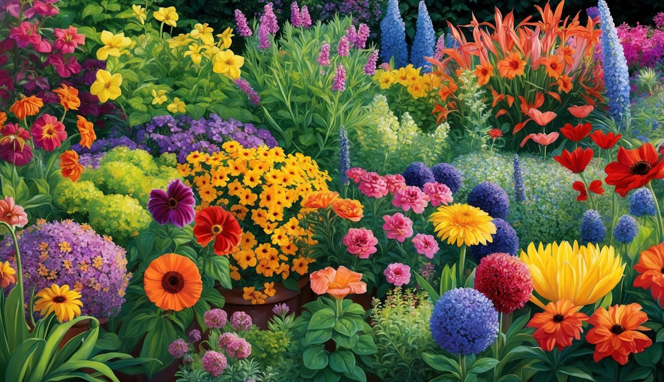 A vibrant and colorful garden with a variety of flowers of different shapes, sizes, and colors, all thriving together in harmony