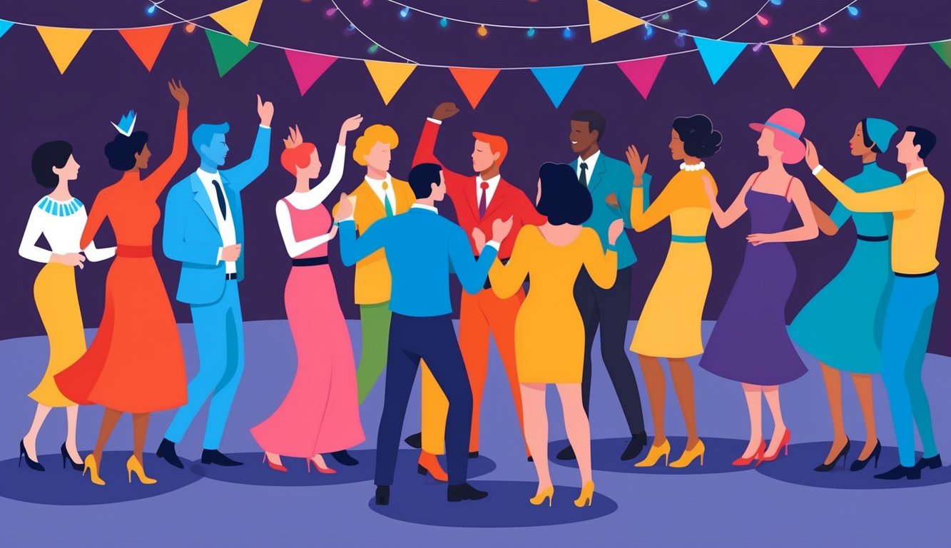 A group of diverse shapes and colors gathered at a festive party, with one figure standing out as they are invited to join the dance