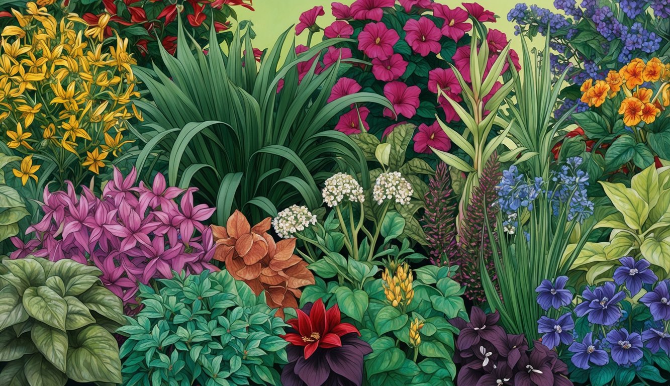 A diverse group of plants intertwining and blooming together in a vibrant garden