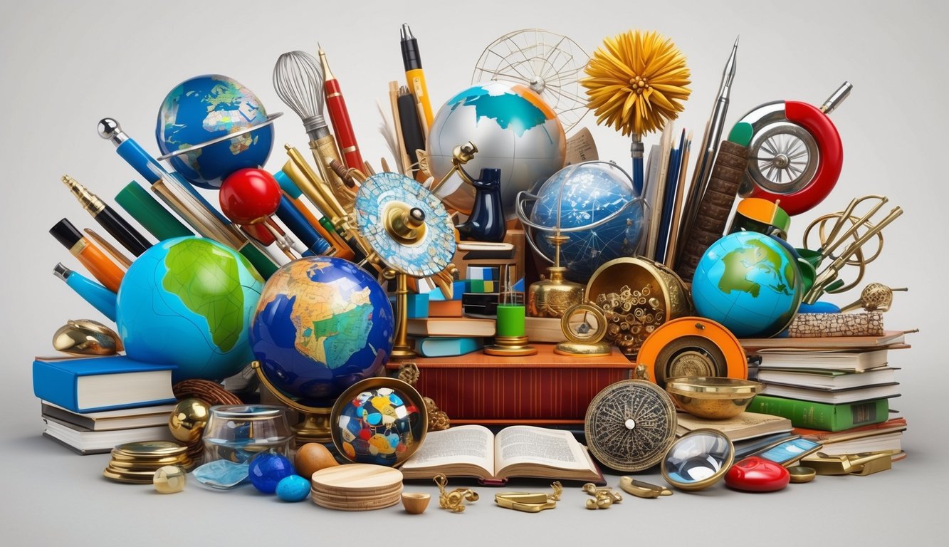 A group of diverse objects, each representing a different aspect of culture, knowledge, and perspective, coming together to form a dynamic and vibrant composition