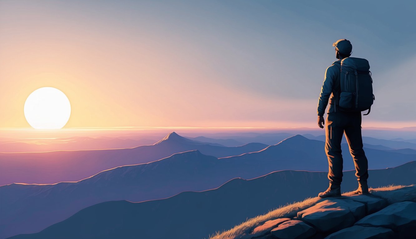 A lone figure stands atop a mountain, gazing out at a vast, unexplored landscape.</p><p>The sun sets behind them, casting a warm glow on the horizon