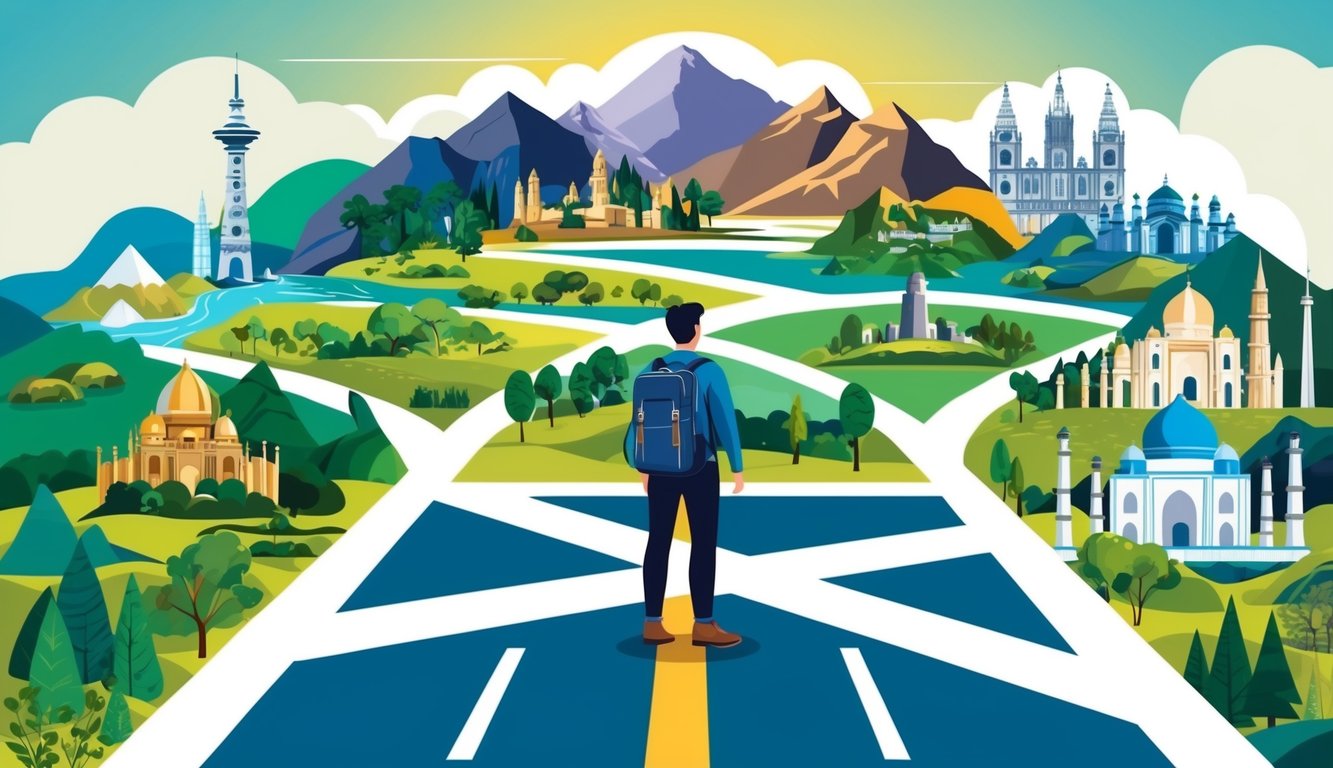 A traveler standing at a crossroads, surrounded by diverse landscapes and landmarks from around the world, symbolizing the discovery of new horizons