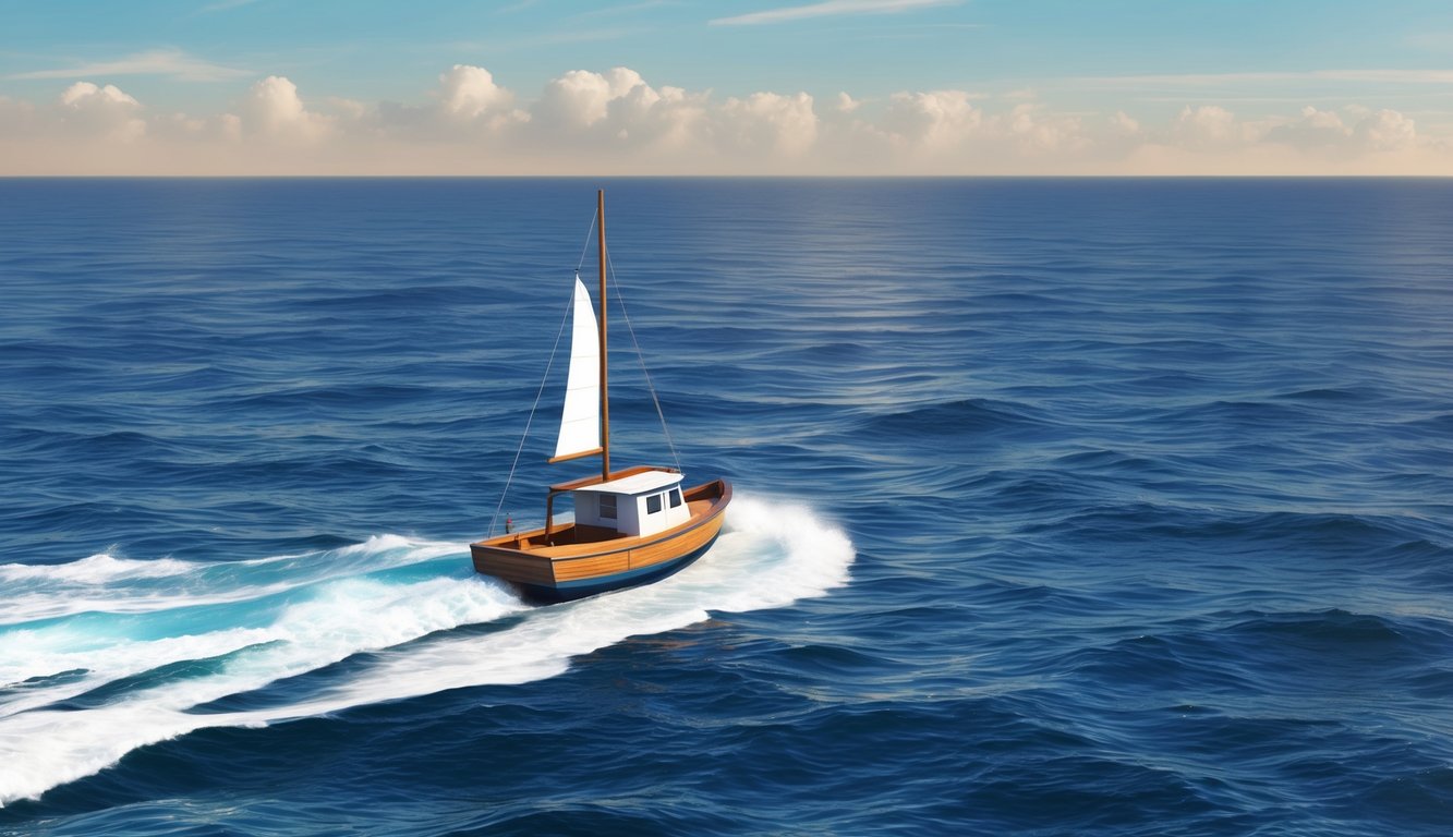 A small boat sailing away from the shore into the vast open sea, with the distant horizon in view